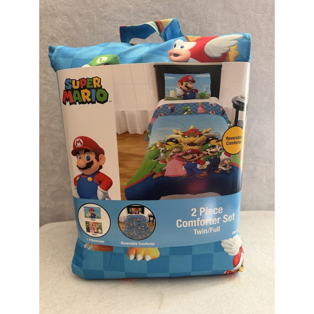Super Mario 2 Piece Comforter Set Twin Full Reversible Bedding + Pillowcase